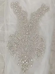 Large Silver Rhinestone Applique Luxurious Sparkle Clear Diamond Crystal Beaded Bodice Mesh Patch for Couture,Ball Gown