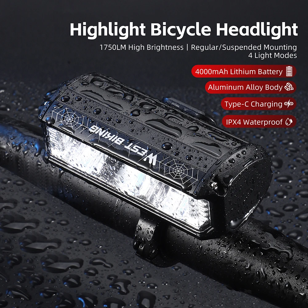 USB Rechargeable Bike Front Light 1750 Lumens Cycling Light 4000mAh Bike Lights Super Bright for Night Riding/Cycling Safety