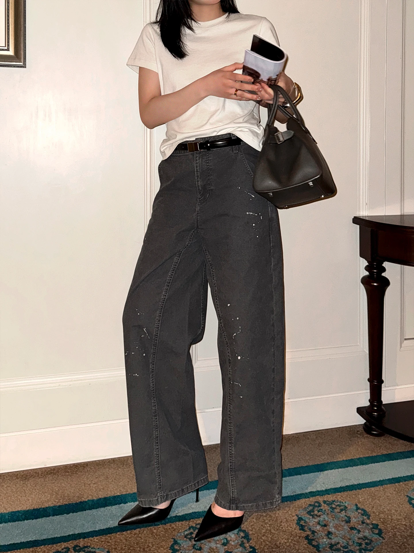 

Muallychen Street Style Ink Splashed Denim Jeans Natural Waist Cotton Straight Leggings for Women Spring Autumn Season