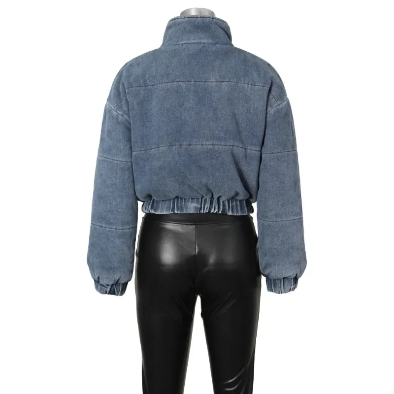 Multi Pocket Denim Parkas Cotton Jacket  for Women 2023 Autumn Fashion Soild Color Zipper Stand Collar Winter Coat Streetwear