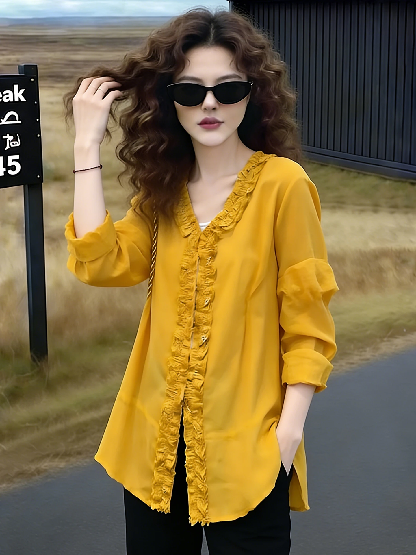 Fashionable Pure Color Long Sleeve Shirt with V-Neck Design And Wooden Ear Trim Elegant Versatile Top for Autumn 2026