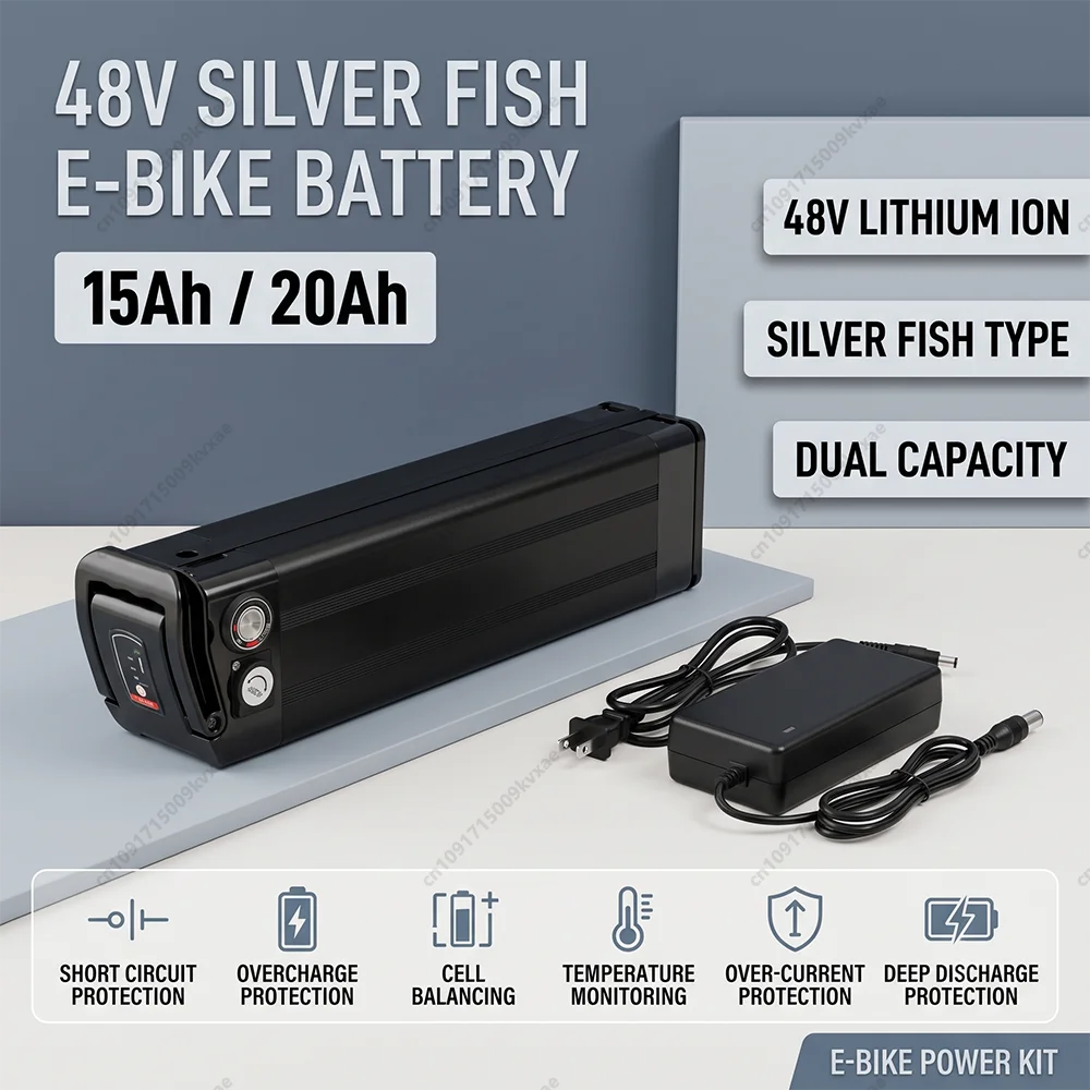 48V 20Ah 15Ah Silver Fish Ebike Battery for BURCHDA R8S Pro JINGHMA R8 1000W Motor Electric Bicycle Lithium Battery Charger