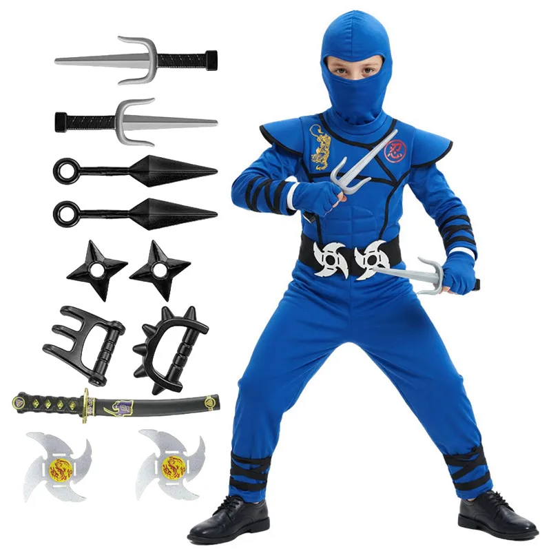 Conjunto de disfraz de Ninja, disfraz de fiesta de Halloween de Ninja enmascarado azul, traje para niños y niñas con juguete, regalo, disfraz de fiesta navideña