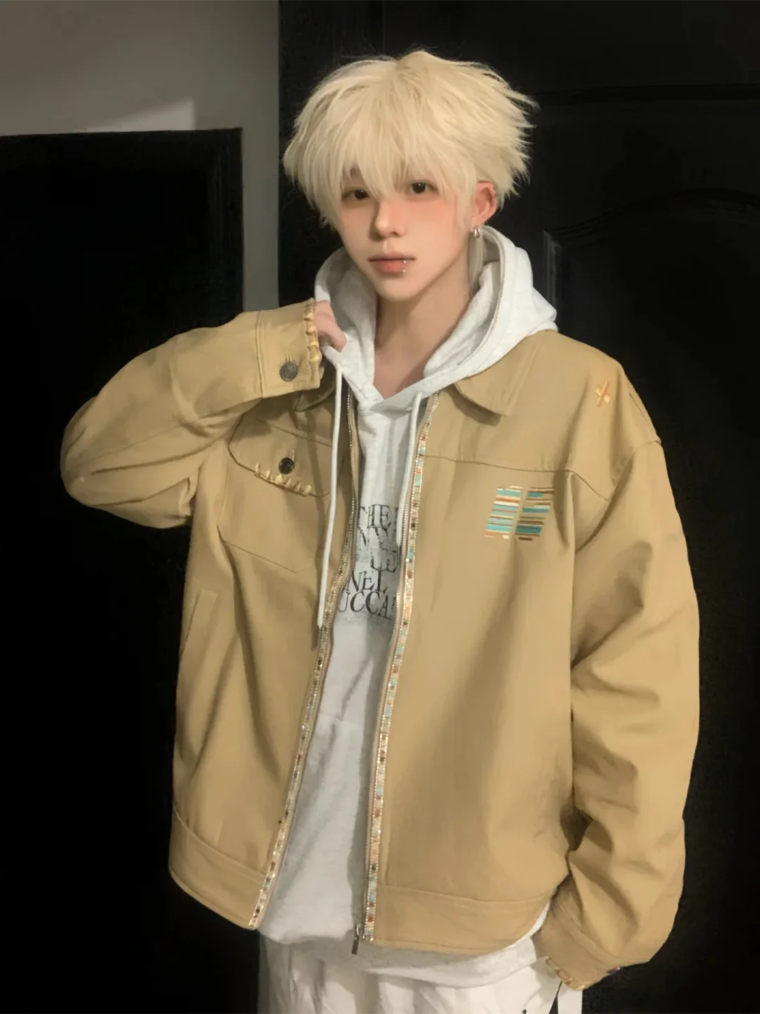 

Khaki Embroidered Workwear Jaet Men's Sle American Retro Canvas Baseball orm Vintage Outerwear Youth Trend