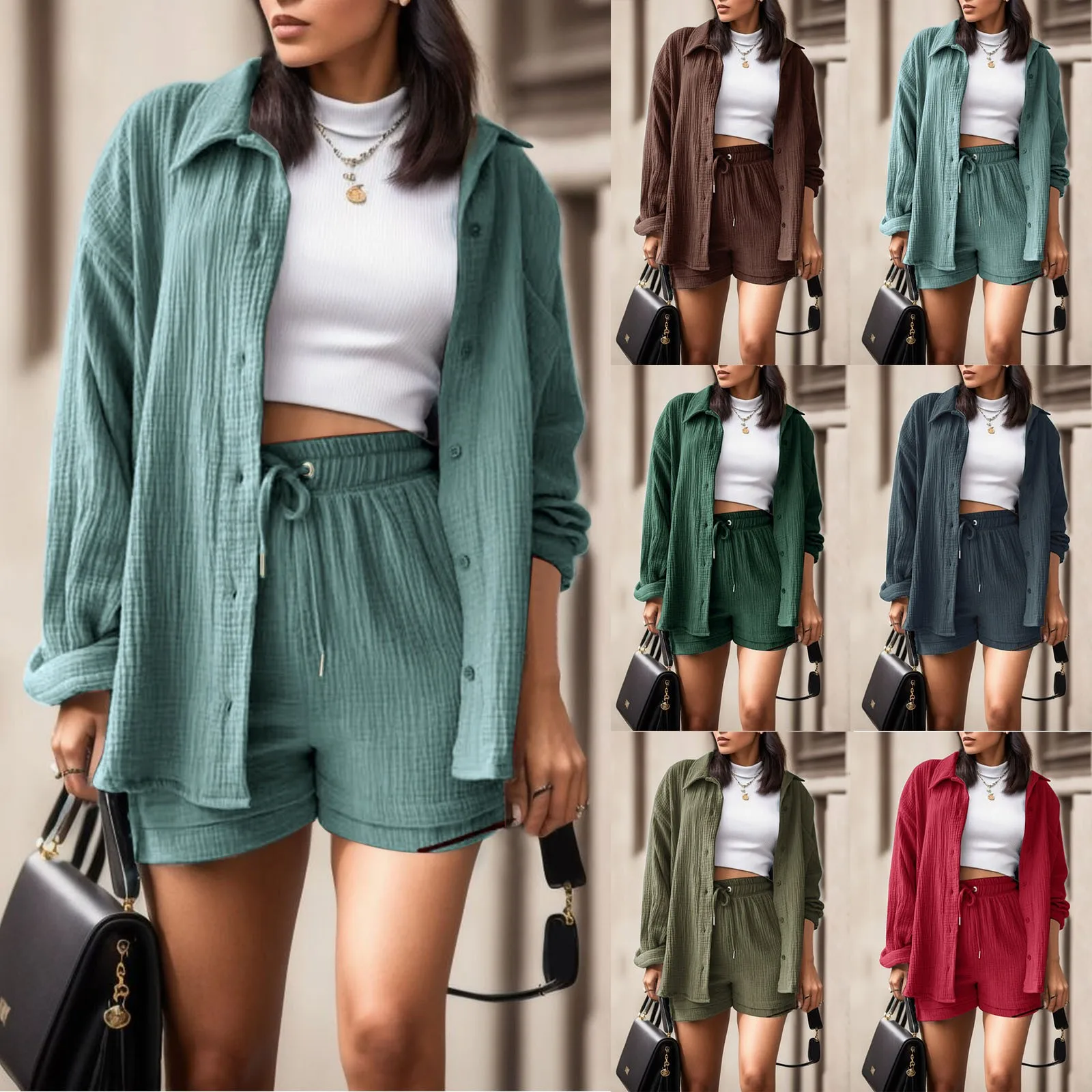 2024 Two Piece Female Solid Color Clothing Button Outfits Summer Women\'s Casual Suit Short Sets Outfits Muslin Suit For Women