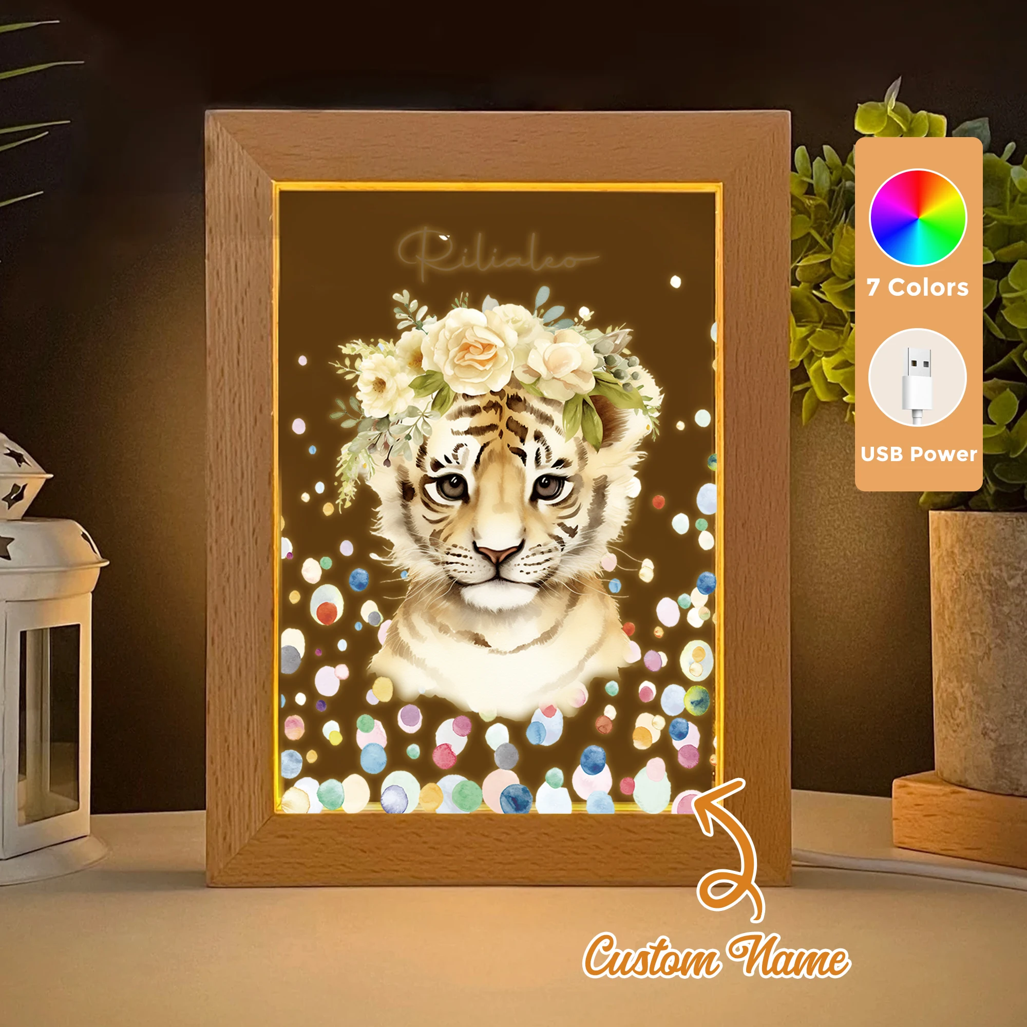 

2D Flat Custom Name Cartoon Tiger With Garland LED Acrylic Night Light Wood Photo Frame 21x17cm Child Bedroom Gifts Home Decor