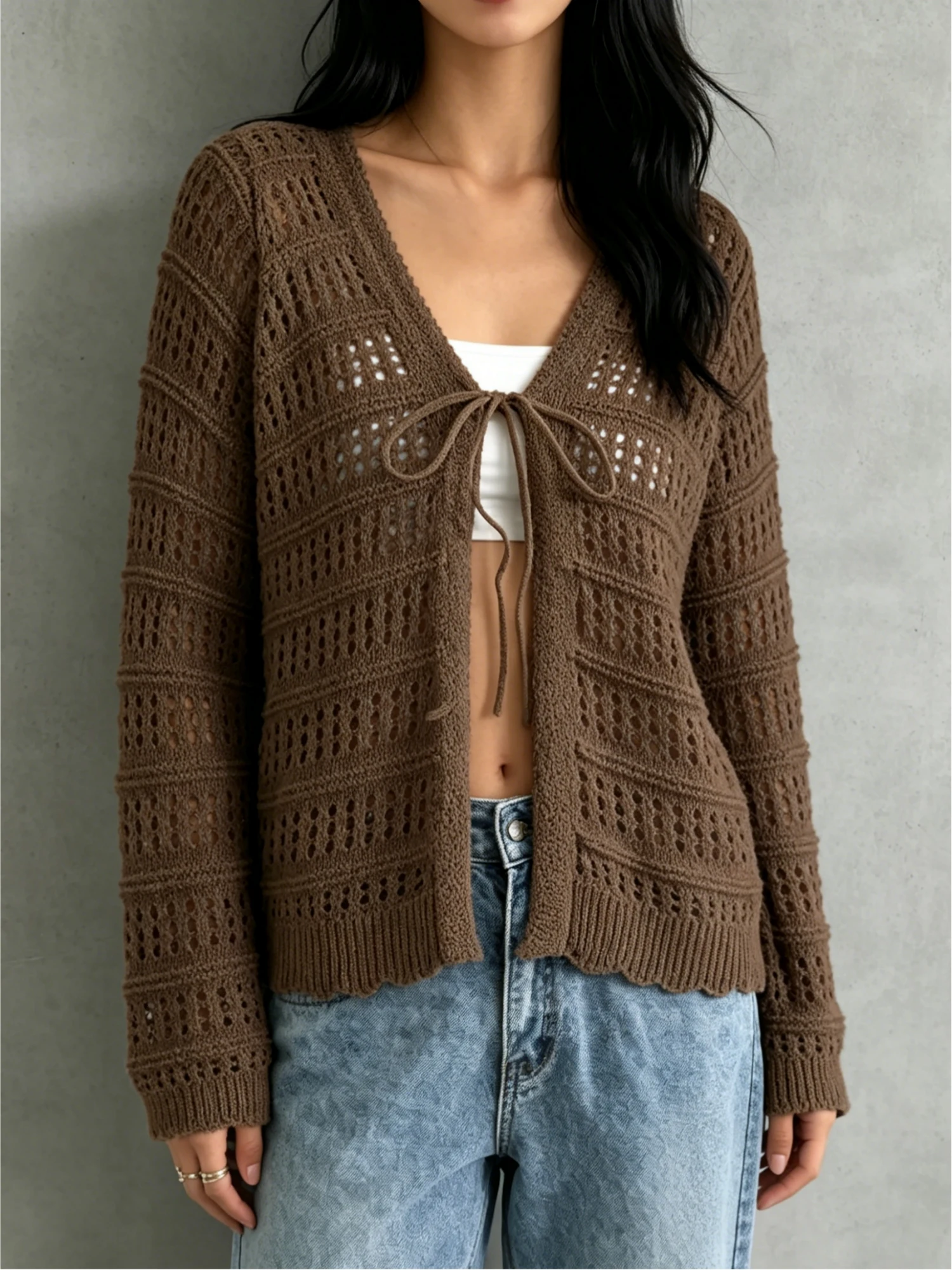 

Women's hollow lace up solid color knitted cardigan, elegant, casual and fashionable, spring and summer styles
