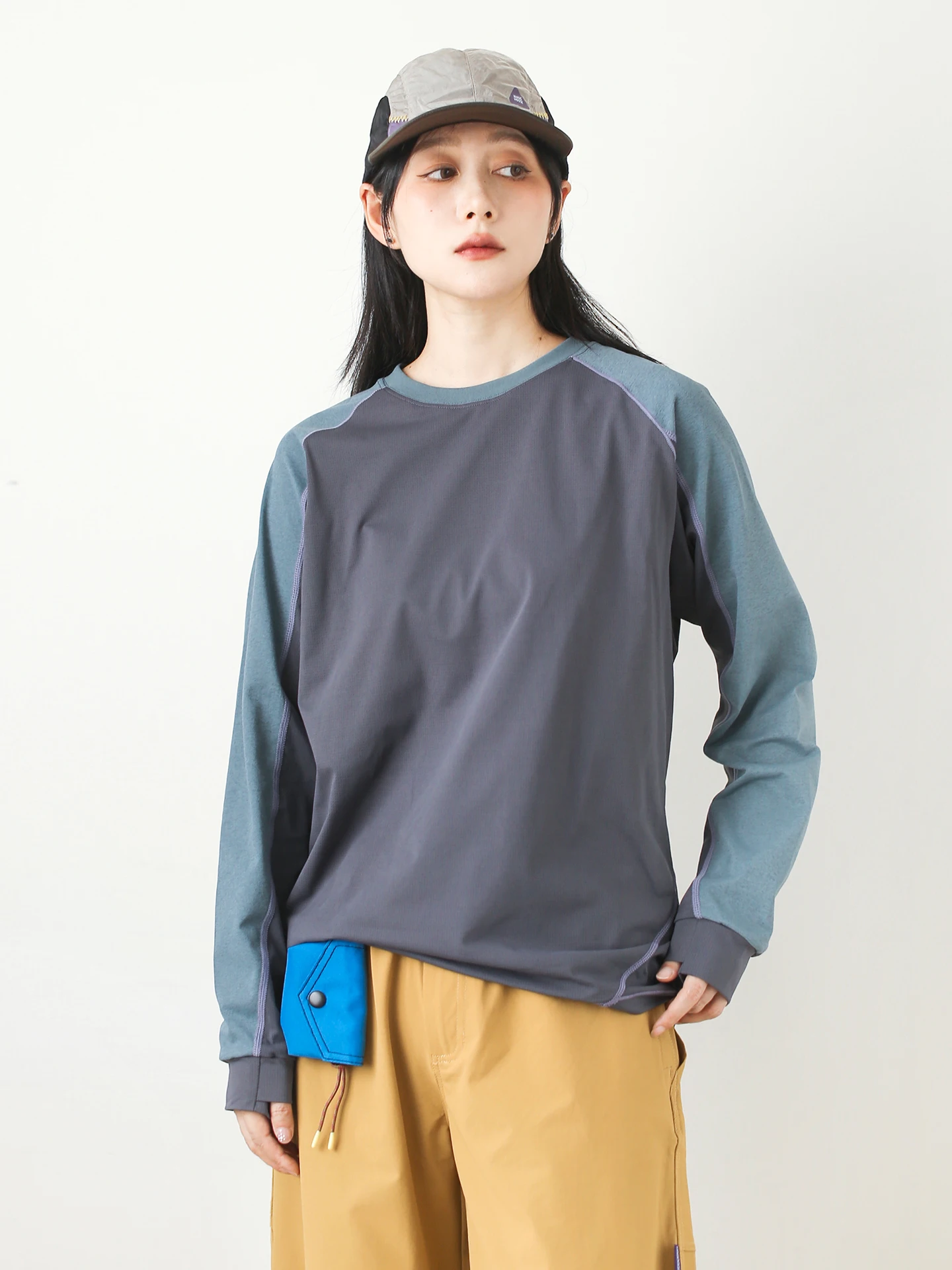 Loose Long Sleeve T-Shirt Women's Casual Style Sporty Breathable Shoulder Insertion Color Block Outdoor Top Purple Skin-friendly