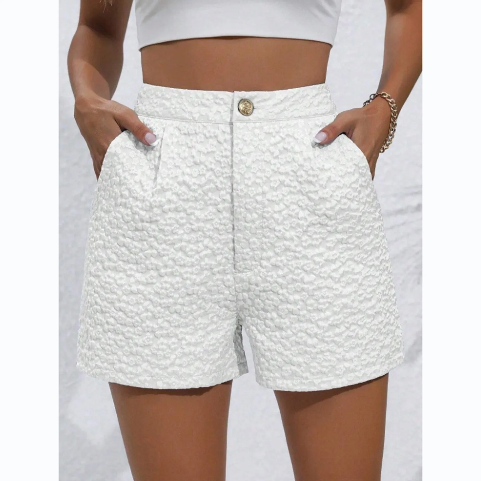 Pantalones cortos ajustados de mezclilla falsa para mujer, pantalones cortos de encaje Jacquard, pantalones de verano rectos que combinan con todo, novedades femeninas