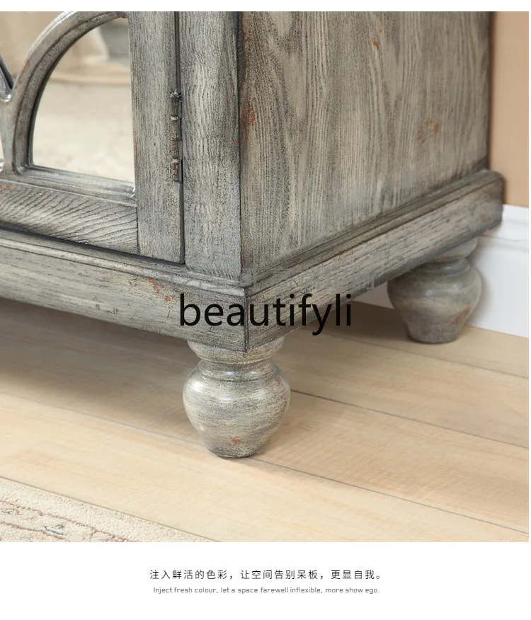 American Retro Solid Wood Sideboard Entrance Hallway Decorative Vintage Wine Cabinet with Integrated Glass Door