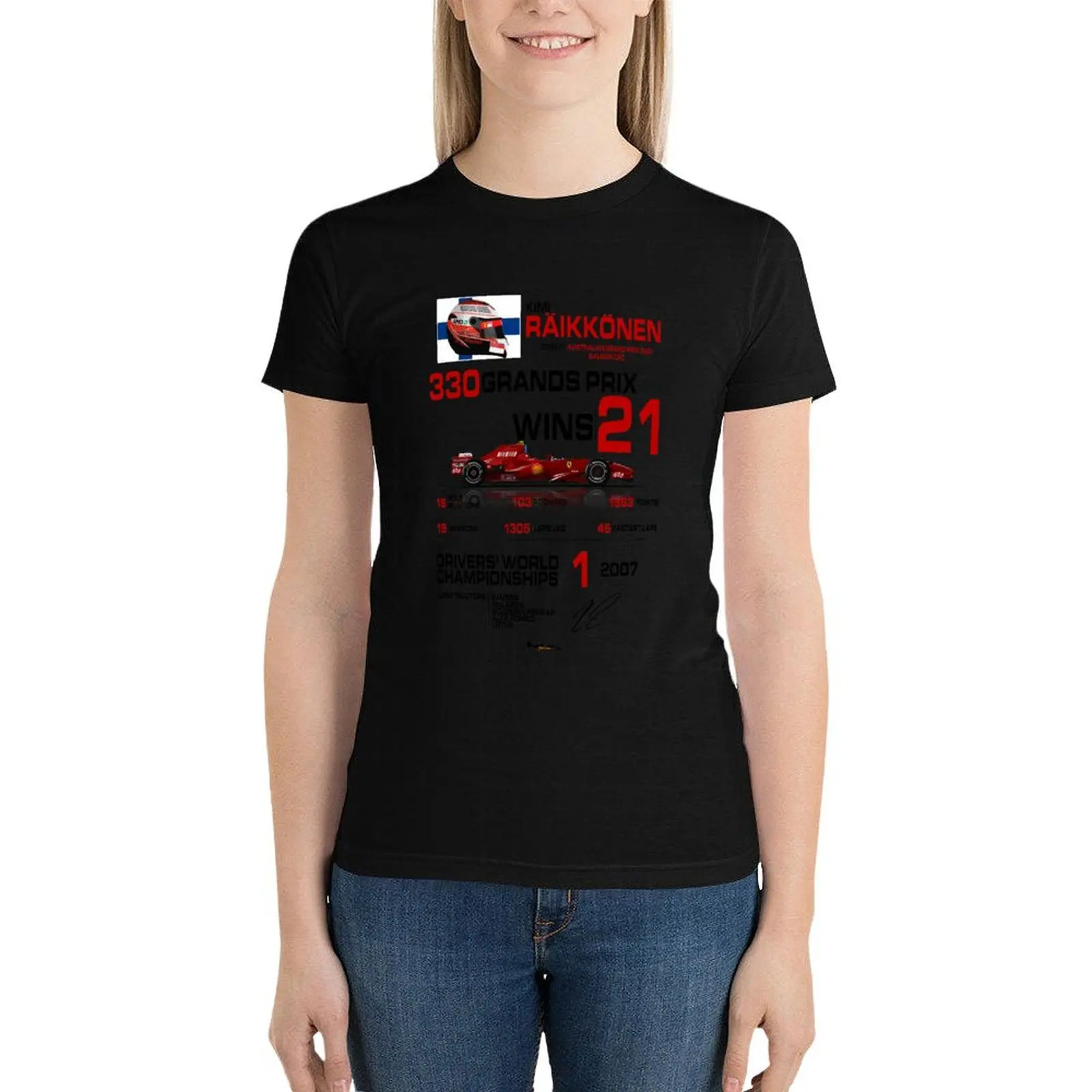 

Kimi Raikkonen - F1 Stats with car & helmet design T-Shirt female kawaii clothes Women's cotton t-shirt