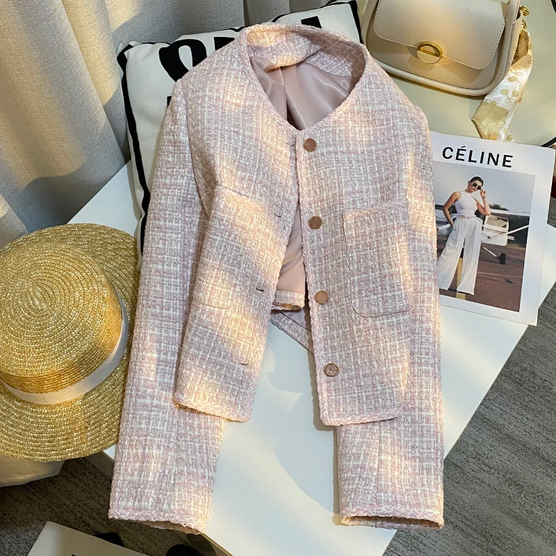 Pink Simple Basic Small Fragrance Short Coat Women  Autumn Winter New Fashion Loose Sweet Tweed French Female Coat