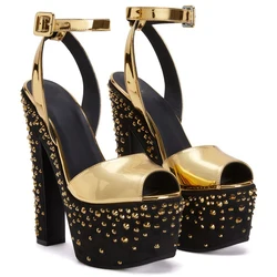 Gold Platform Crystal Stud Chunky Block Heel Sandals Women Strappy Black Peep Toe sandalias Luxury Designer Banquet Shoes