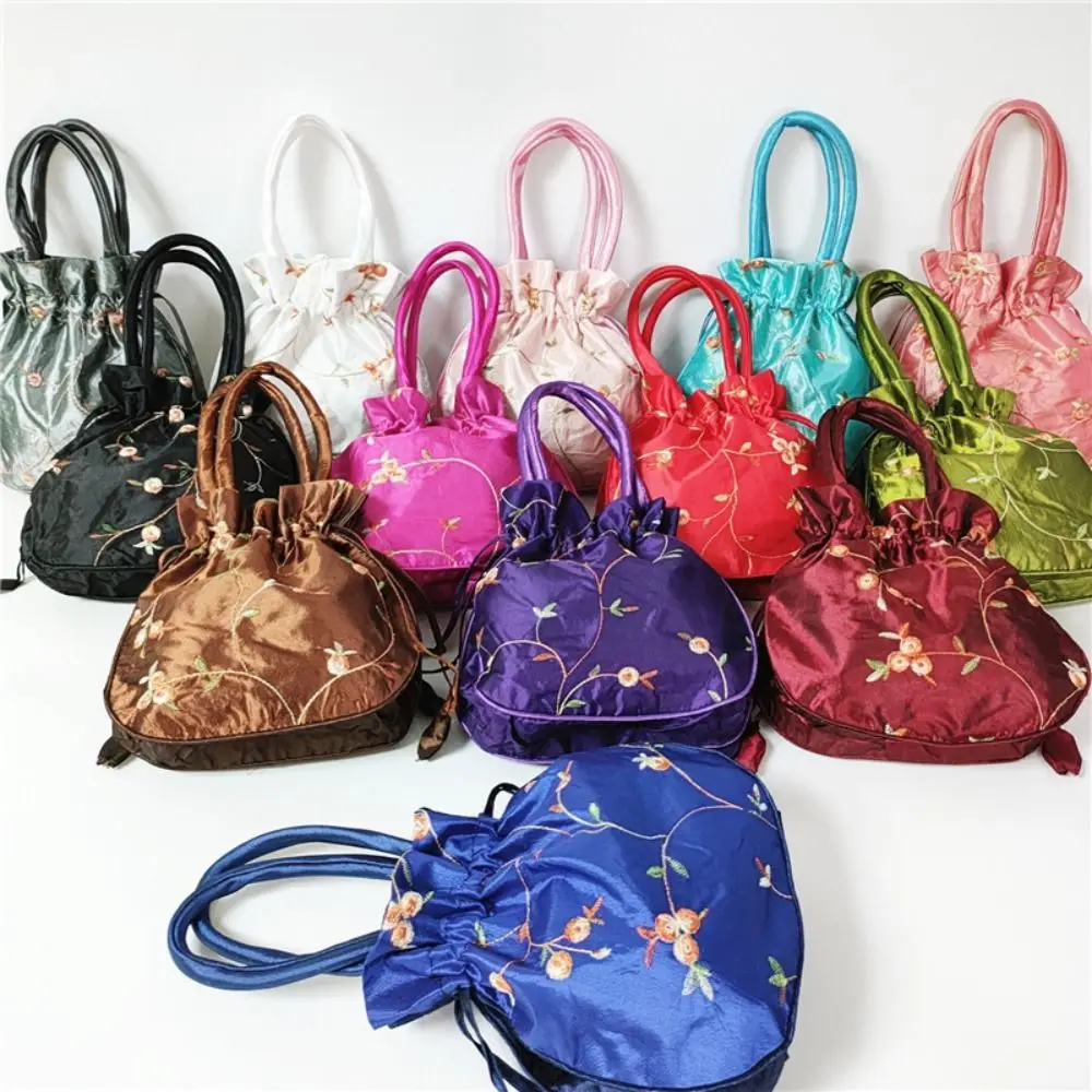 Elegant Embroidered Flower Women Flower Handbags Top Handle Handmade Small Bucket Bag Purse Ethnic Style Drawstring Bag Women