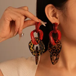 Retro Women's Leopard Print Cross Drop Earrings Big Circle Hoops Geometric Round Square Earrings Sexy Lady Ear Jewelry for Party