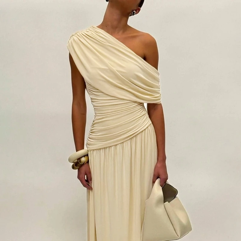 Hugcitar One Shoulder Ruched Sleeveless Solid Pleated Sexy Irregular Y2K Maxi Dress Summer Elegant Party Women Clothes Vacation