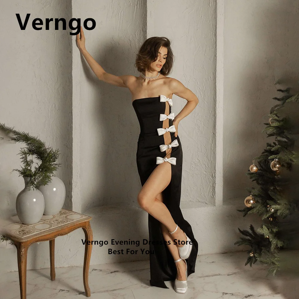 

Verngo Black Prom Gowns For Women Sexy Side Slit Party Dress Strapless Sleeveless Evening Gown Floor Length Formal Dress