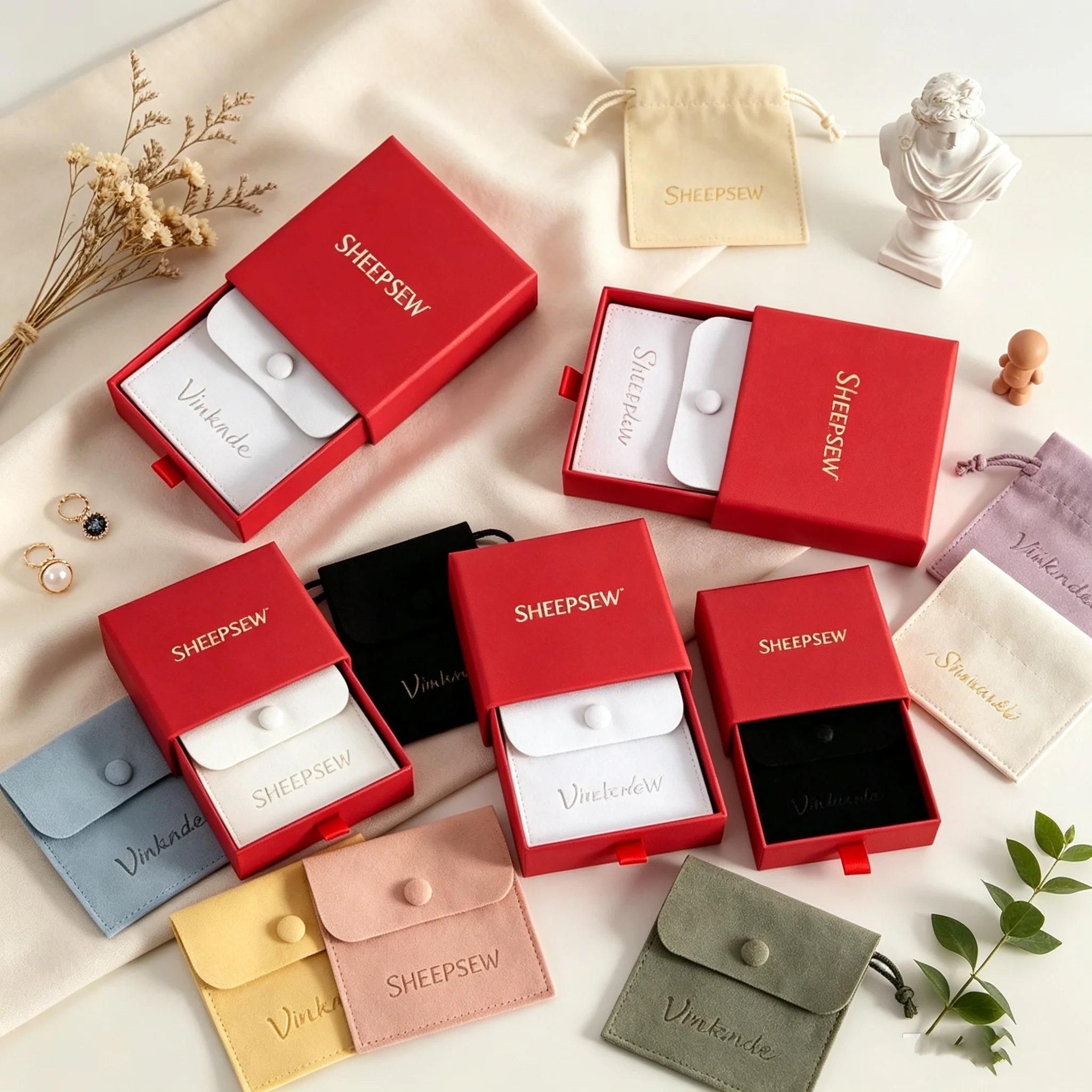 SHEEPSEW Personalized Custom Logo Paper Drawer Jewelry Gift Box 10*10*3.5cm 24Pcs/Lot With Sponge Insert Microfiber Snap Pouch F
