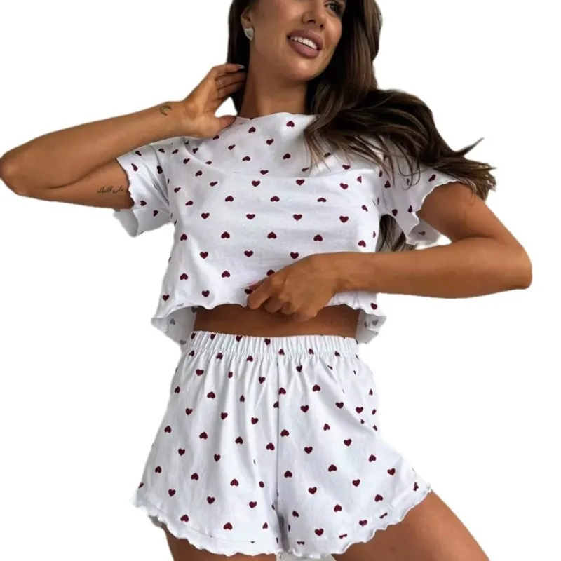 

Women Pajamas New Summer Short Sleeve T-Shirt with Shorts Sleep Set Pajamas for Women Love Printed Sleepwear Pijamas Homewear