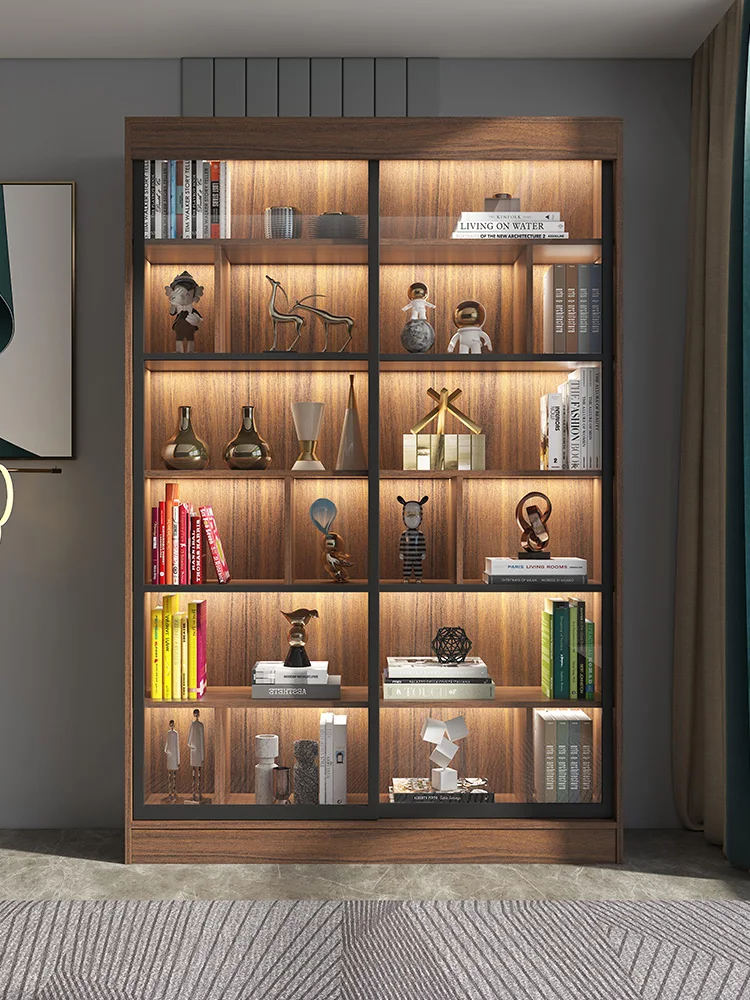 

Sliding door cabinet integrated against the wall to the top Glass door Solid wood bookcase Cabinet with light