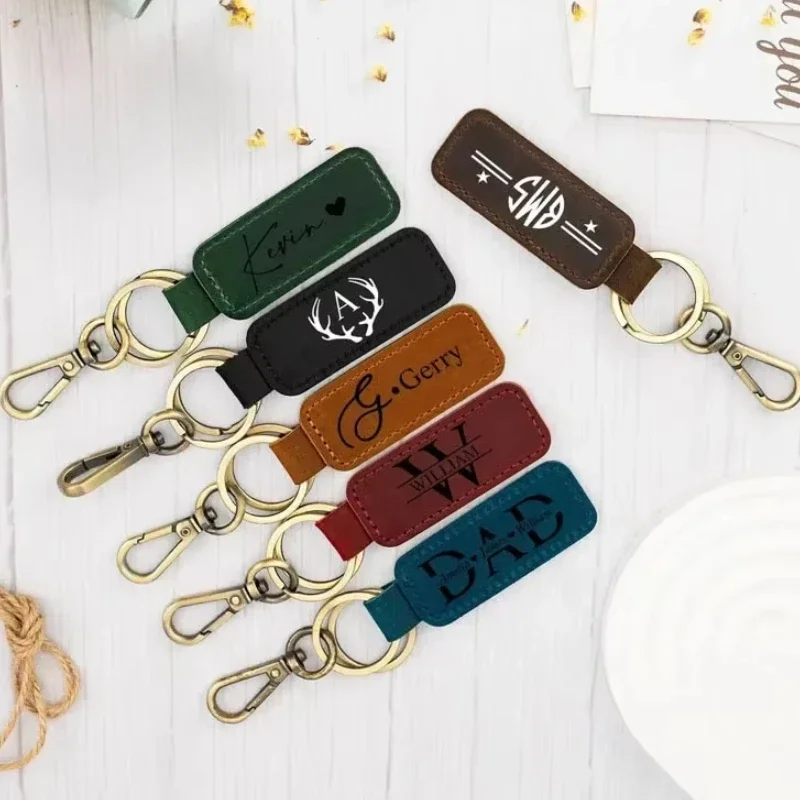 Vintage Personalize Company Hotel Name Number Key Chain Ring Laser Custom Logo Leather Keychain Engrave Keyring for Men Women