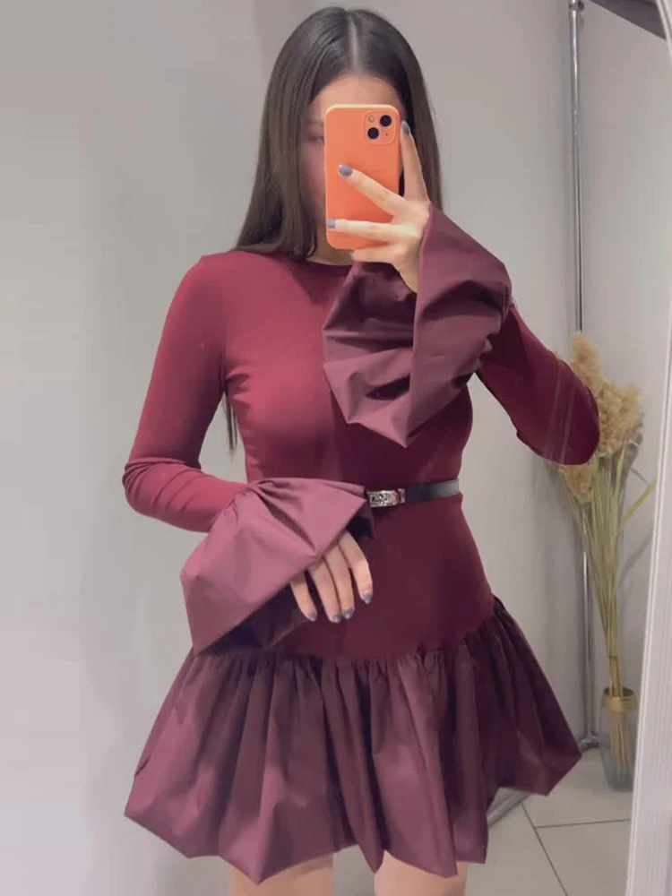 Trendix Long Sleeve Patchwork Ruffle Mini Dress Women Fashion Slim High Waist Party Dresses Vacation Casual Party Burgundy Dress