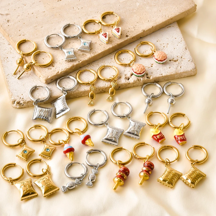1Pair Cute Snack Food Charm Huggie Hoop Earrings Hamburger Fries Ice Cream Candy Lollipop Pendant Dangle Earrings Women Jewelry