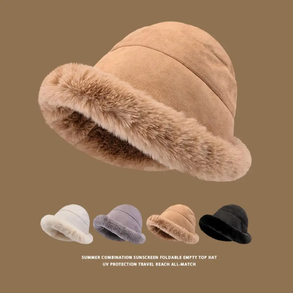 

New Faux Fur Fluffy Bucket Hat Plus Velvet Windproof Mongolian Hat Warm Soft Sun Cap Women