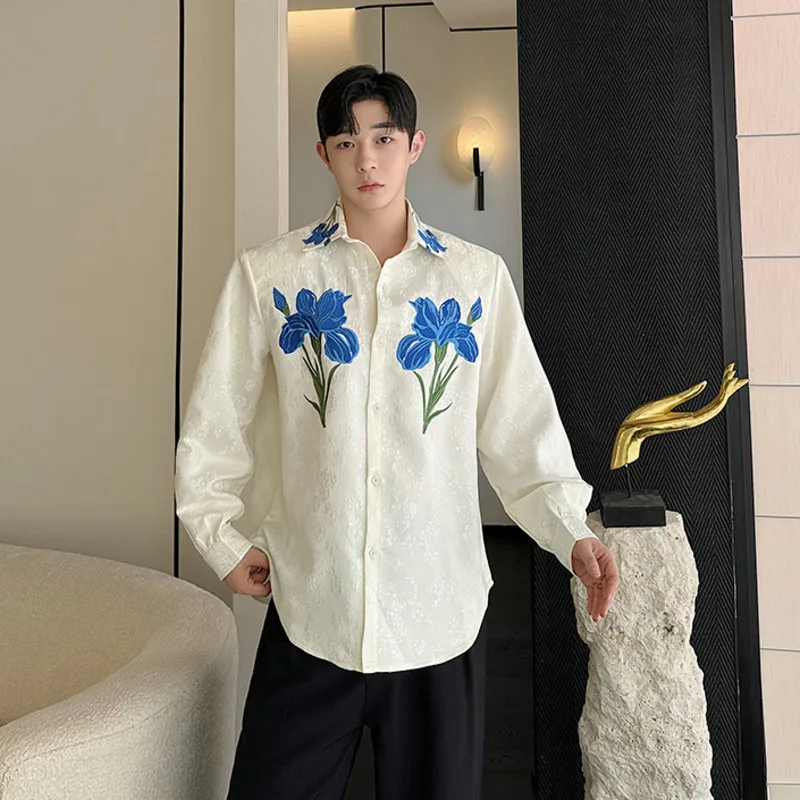 

SYUHGFA Korean Version Men's Shirts Casual Embroidery Printing Turn-down Collar Long Sleeve Single Breasted Male Tops Autum 2024