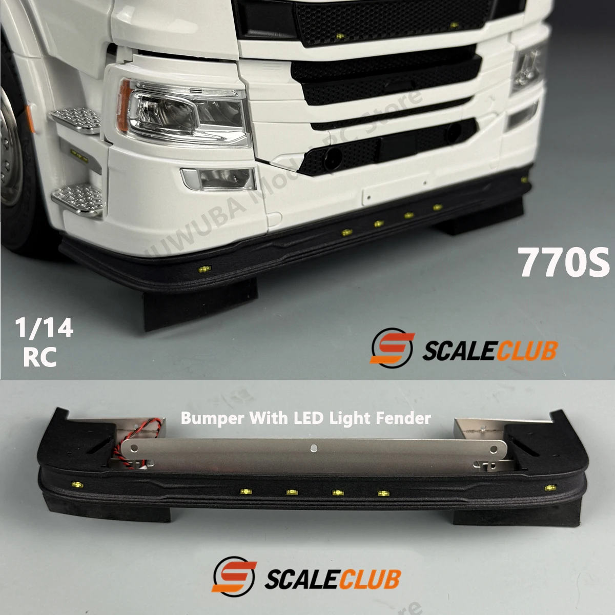 

ScaleClub 1/14 RC Metal Front Bumper with LED Lights Rubber Skirt for Tamiya Scania 770S RC Tractor Truck DIY Upgrade Parts Toys