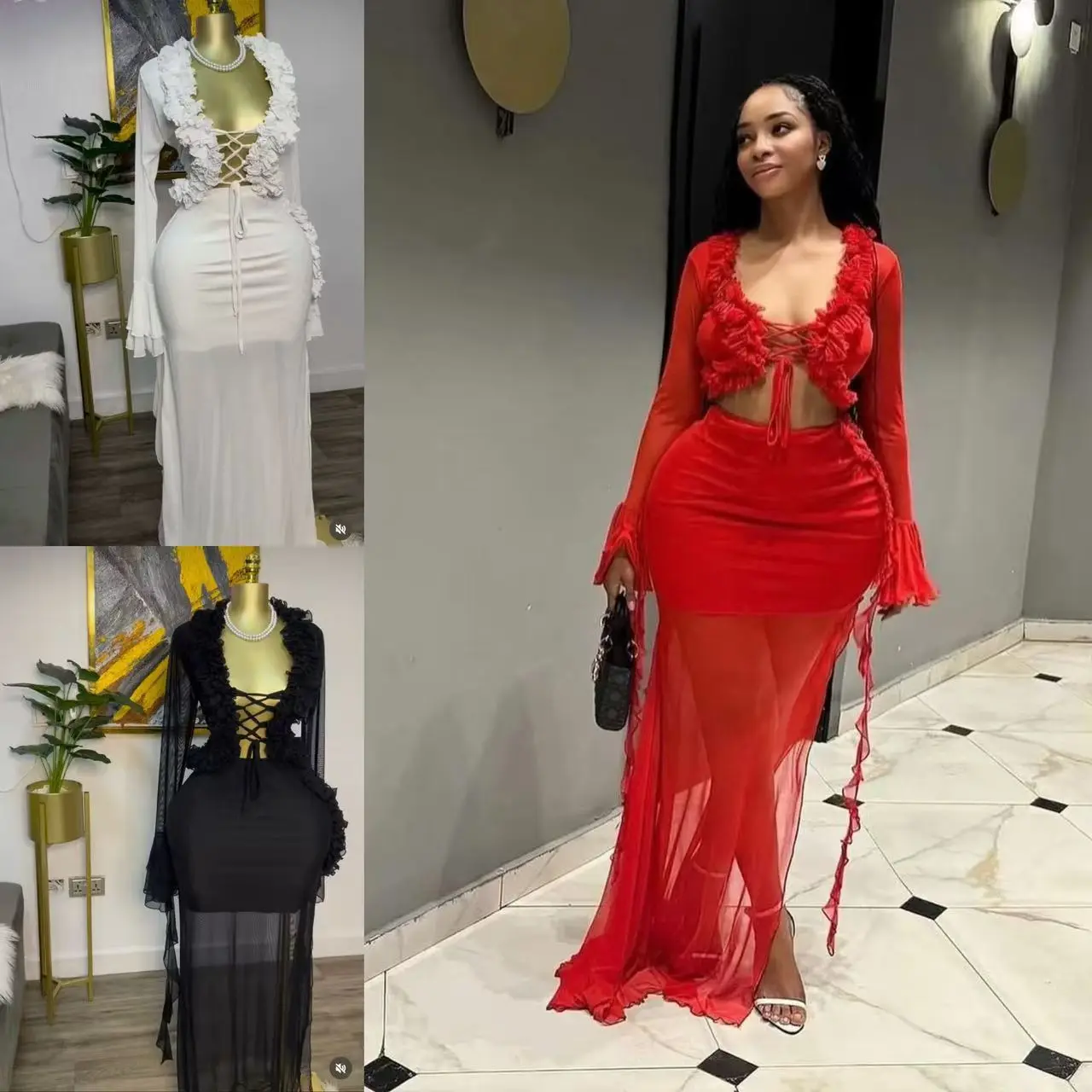 Cardigan aperto sexy Sa e gonna lunga avvolgente Set Faion da donna Nuovo arrivo transfrontaliero V-Ne Long Sve Casual Spo...