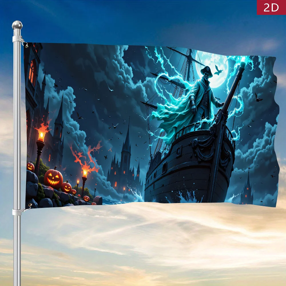 1pc Large 3x5ft Halloween Banner Flag - Ship with Glowing Flames, Outdoor/Indoor Decoration for Haunted House, Party