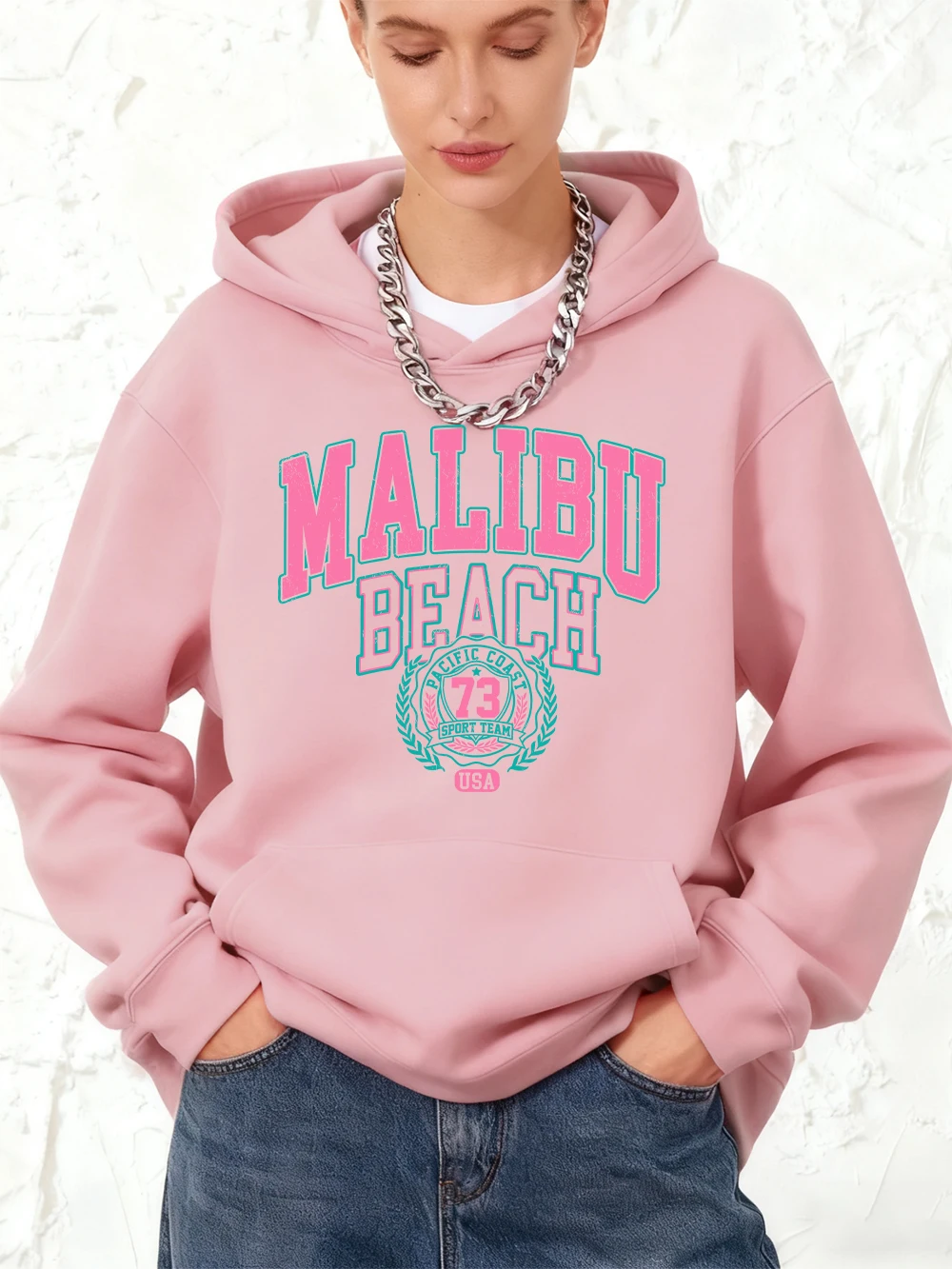 ماليبو شاطئ الطباعة هوديس القطن المرأة رياضي فضفاض البلوز الشتاء الصوف الدافئة بلوزات الركض جيب ملابس امرأة #2