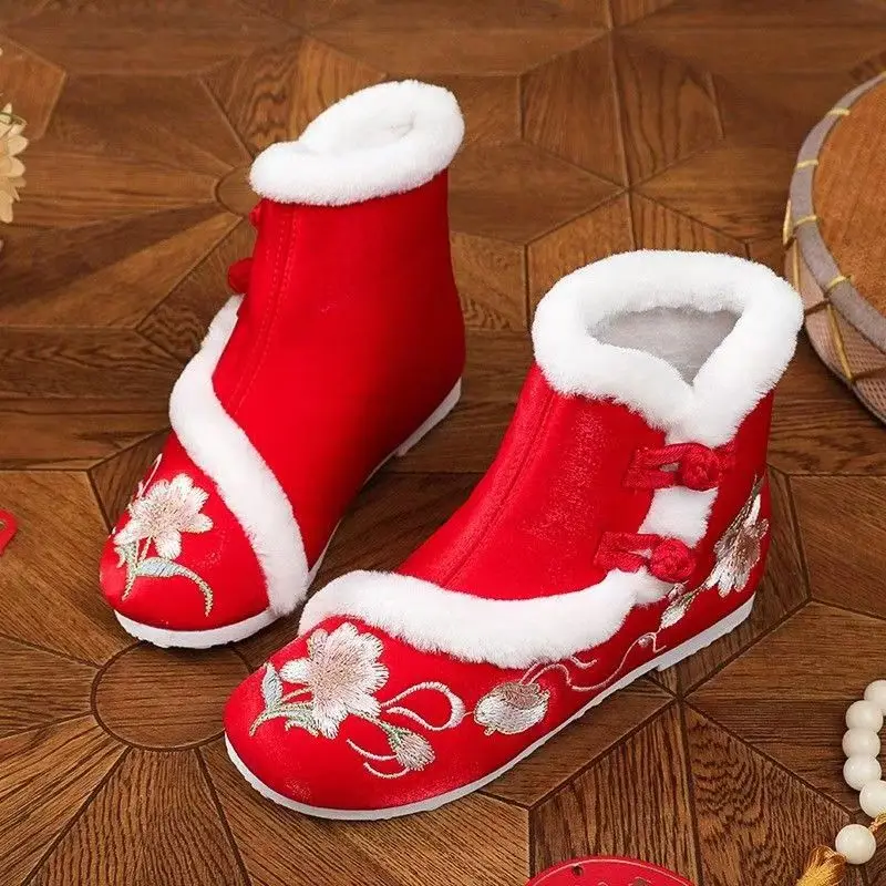 Hiver nouvelles femmes semelle plate brodé cheville coton bottes semelle souple antidérapant Style ethnique en peluche garder au chaud sans lacet bottes de neige