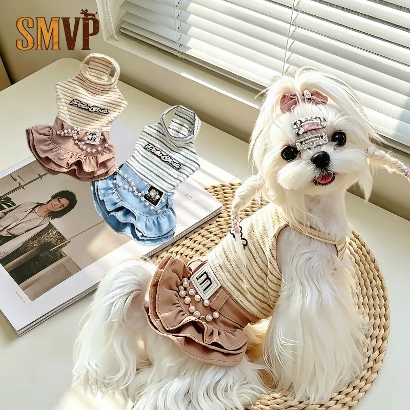 Summer Pet Striped Halter Dress with Pearl Decor Denim Ruffle Dress Breathable Sling Princess Outfit for Pets Daily Wear Clothes