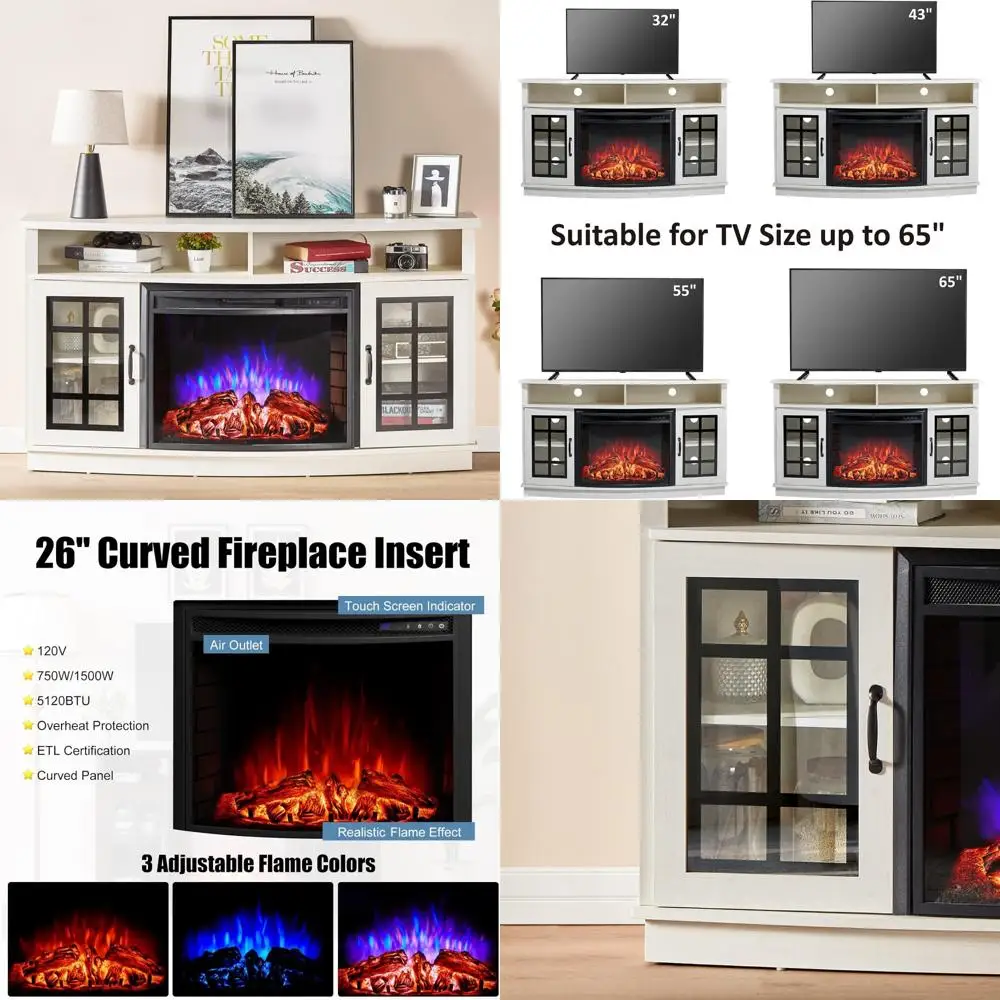 

Curved TV Stand with 26 Electric Fireplace, Farmhouse Style Media Center with Glass Door Storage