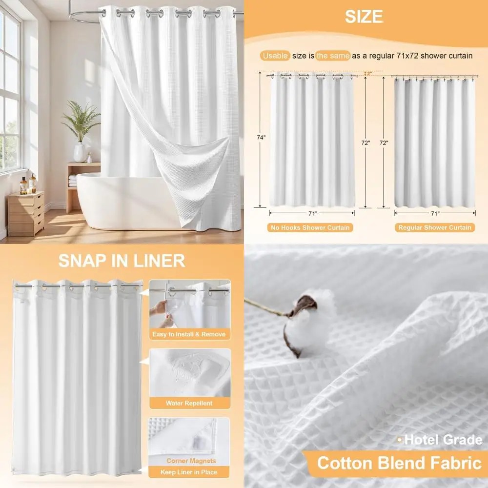 

Snap-In Liner Cotton Shower Curtain, Hotel-Style, Water-Resistant, White, 71W x 74L