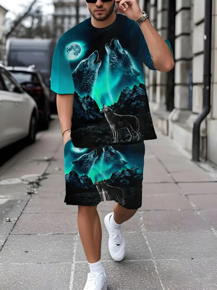 

Летний повседневный мужской комплект 2025 года, уличная модная одежда с 3D принтом волка, дышащая и удобная