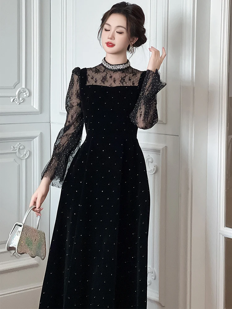 여성 의류 페이크 투피스 블랙 샤이니 레이스 퍼프 슬리브 슬림 이브닝 드레스 우아한 럭셔리 여성 패션 파티 프롬 드레스