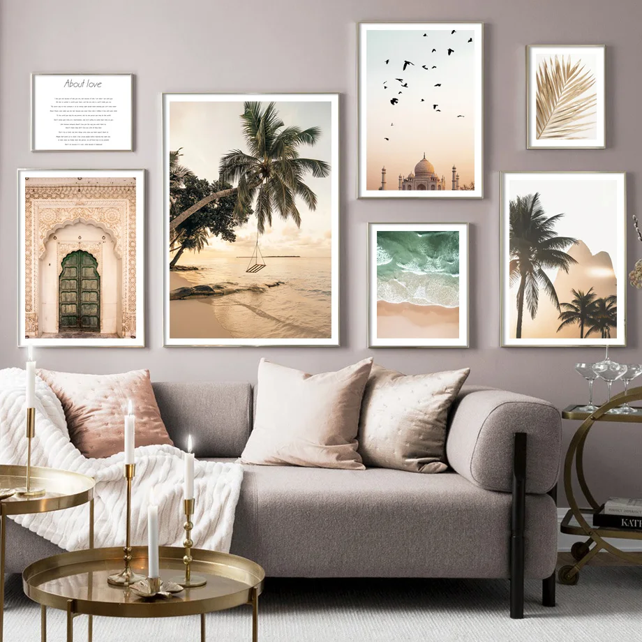 Taj Mahal Sunset Beach Swing Waves Palm Leaf Quotes Posters Prints Canvas Painting Nordic Wall Art Pictures Living Room Decor