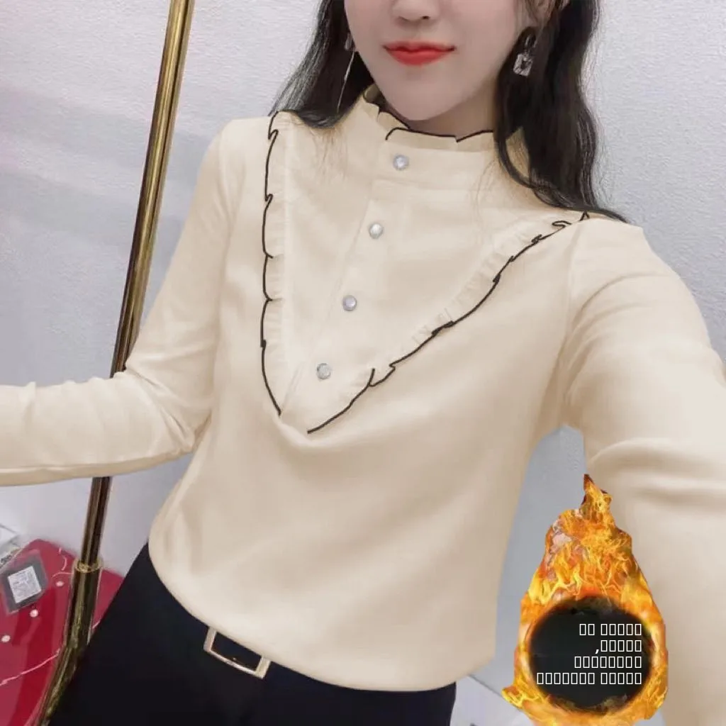 

Осенне-зимняя бархатная кофта с воротником-стойкой, базовый слой, женская одежда для среднего возраста, 100% хлопок, милый дизайн