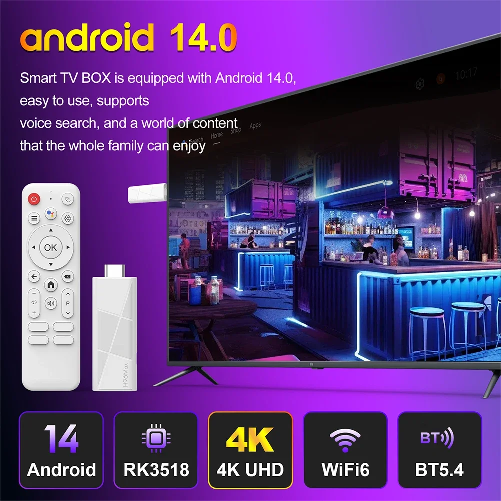 H96 MAX RK3518 Mini TV Stick Quad Core Android 14 Smart TV Box 4K HD Smart Home Player Voice Control