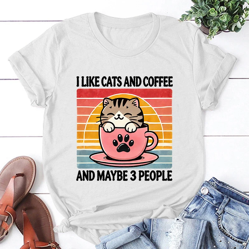 Cat I Like Cats And Coffee And Maybe 3 People Print T-Shirt Women Men Summer Casual Short Sleeve Round Neck Tops Fashion T-Shirt