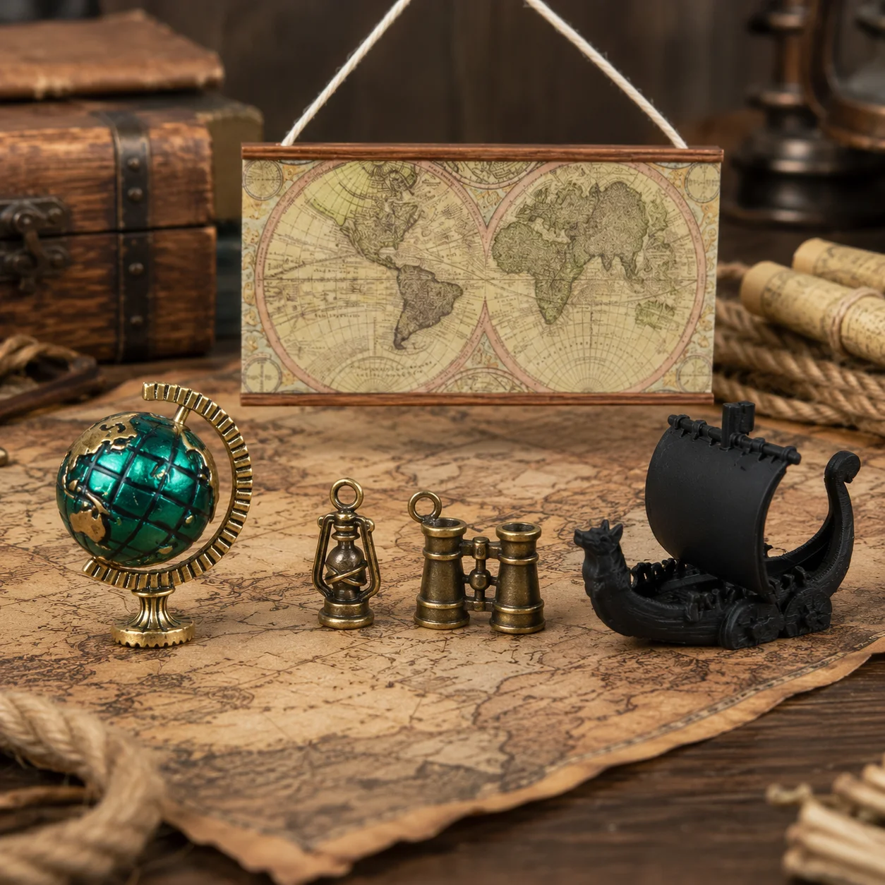4 Pcs Nautical Miniature Set for Dollhouse Study Room Exploration-Themed Props Mini Globe Telescope Oil Lamp Dragon Boat