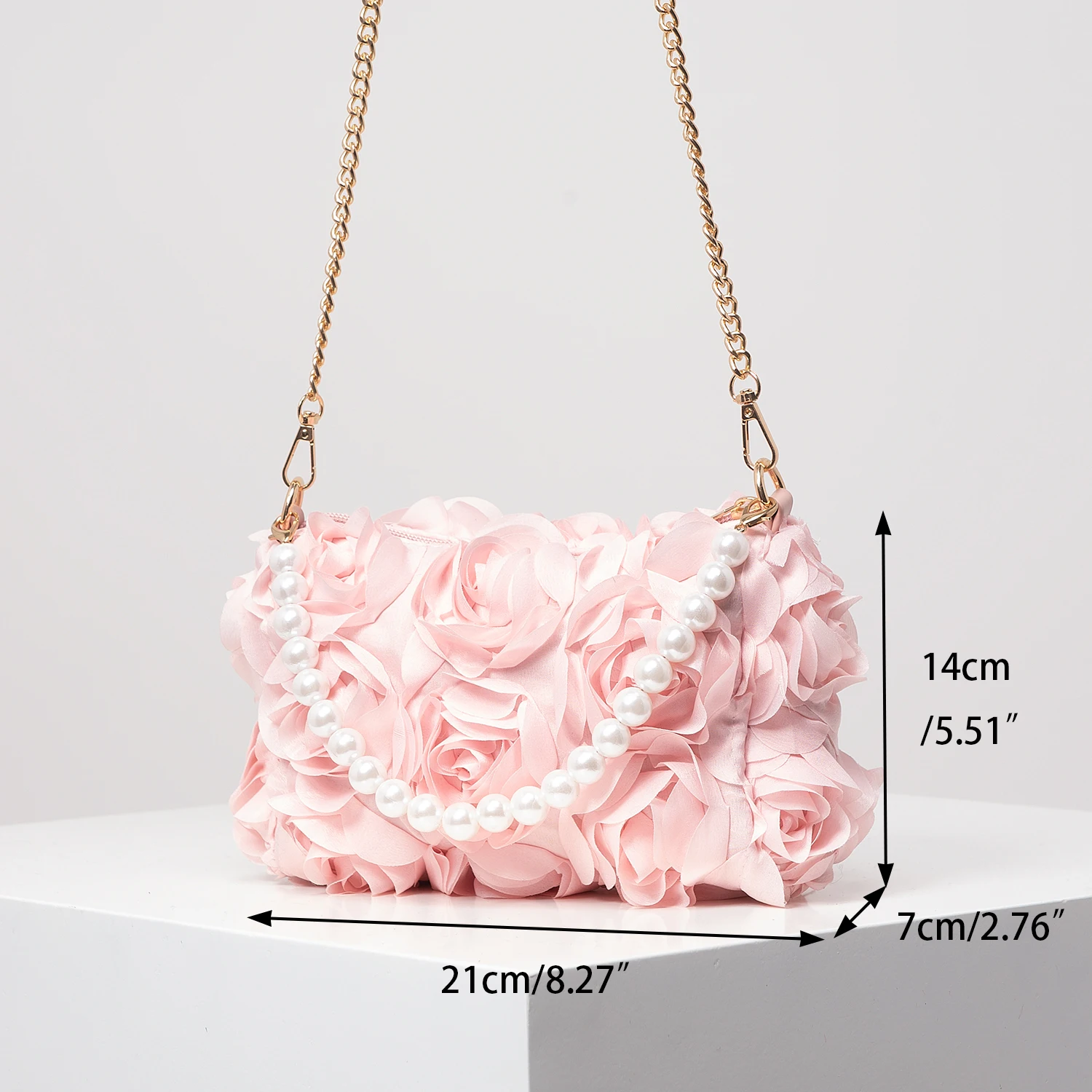 Elegant rose Flower dinner bag, Faux pearl handbag, metal chain crossbody bag, bridal bag (random pattern)