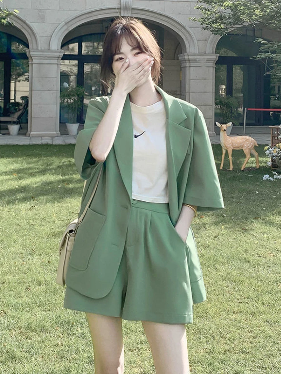 Suit Jacket Women Fashion Set Thin Casual Shorts Two-piece Loose Fitting Commuting Wear Summer Office Ladies Solid Outfits