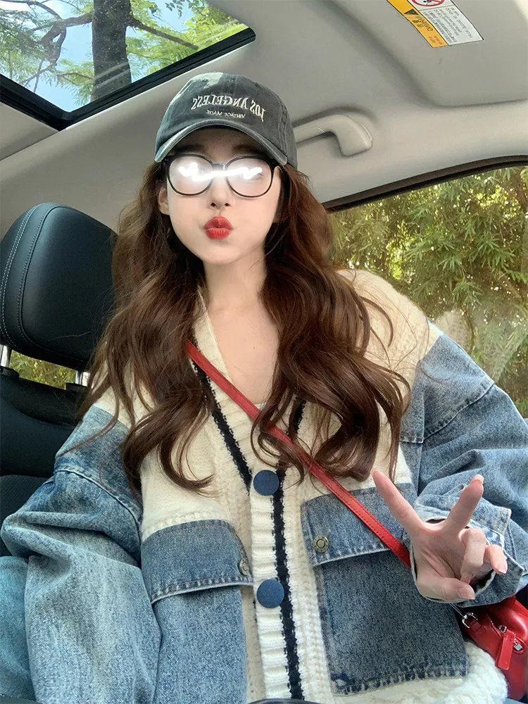 

Женский джинсовый джинсовый джет Thiened V-Ne, свободный крой, открытый кардиган, повседневный удобный вязаный свитер на осень-зиму