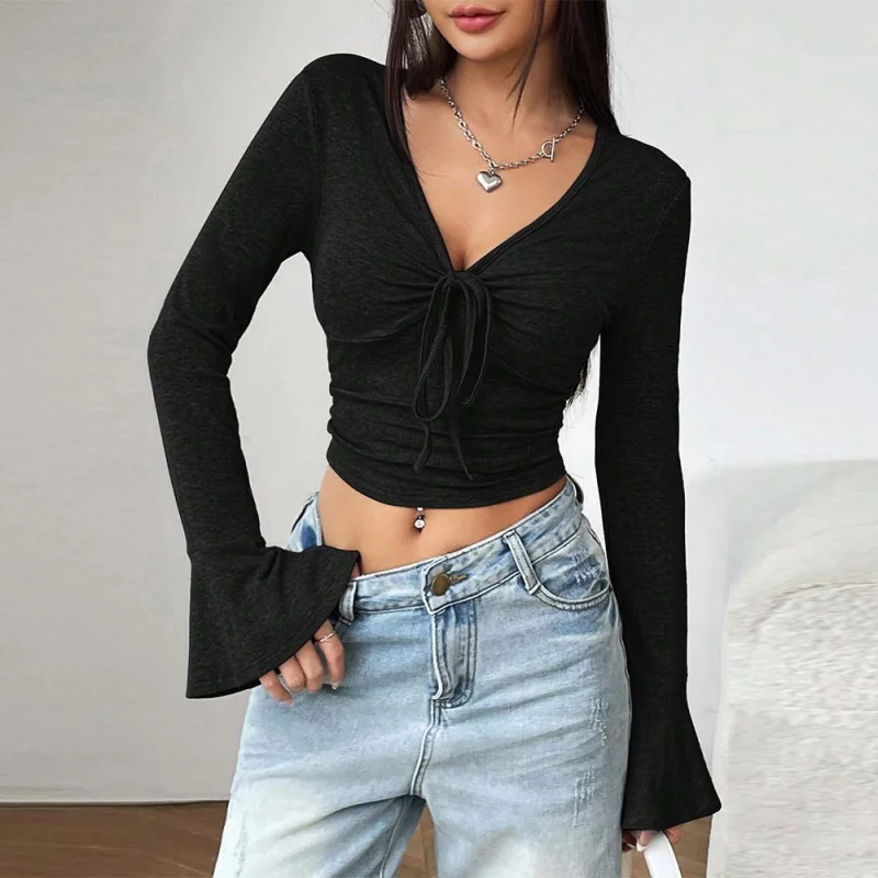 

European and American Women's Fashion Bell Sleeve Shirt Summer New Elegant Style Solid Color Pullover Long Sleeve Short Top