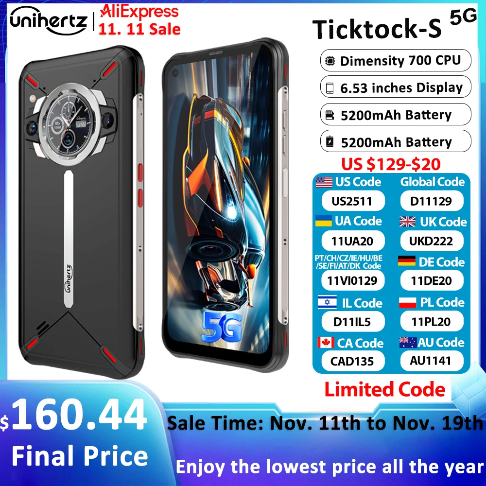 Unihertz Ticktock-S Slim Rugged 5G Smartphone 8GB 256GB Cell Phone 5200mAh Dual Screen Mobile Phone 64MP Camera Dimensity 700