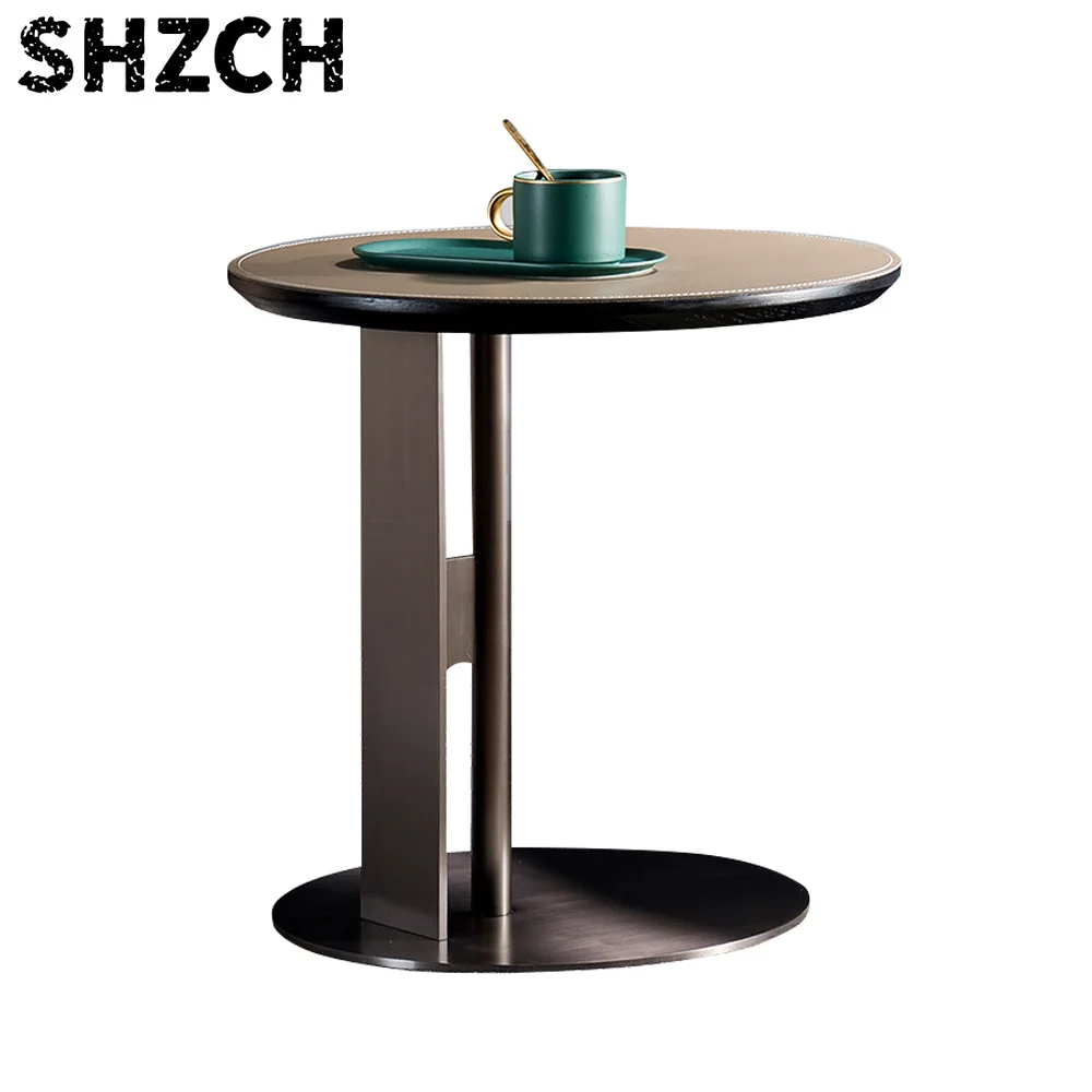 Custom Nordic Luxury Modern Style Home Furniture Stainless Steel Base Round Side Table Corner Coffee Tables With Leather Top